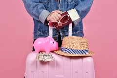 Woman standing behind a suitcase with a piggy bank on it.