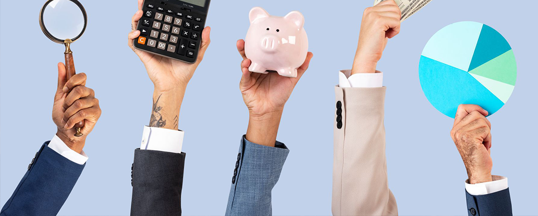 Lots of hands holding money, piggy bank, graph and magnifying glass