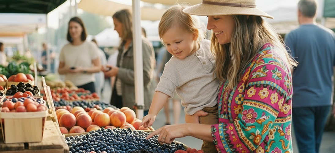 Mom and young child at farmer's market.