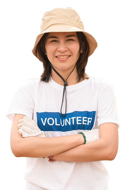 Young woman in a volunteer t-shirt crossing her arms