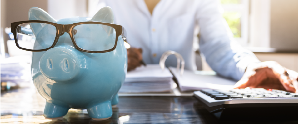 Piggy bank wearing glasses with woman budgeting in the bathroom
