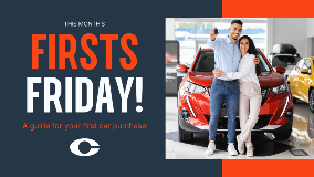 Graphic detailing Firsts Friday - a guide for first time car buyers. Graphic has a photo of a young man and woman standing and holding the keys of their new car.