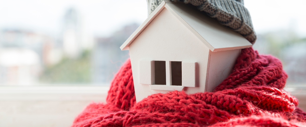 Small house wrapped up in a scarf and hat.