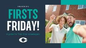 Firsts Friday, a guide for first-time homebuyers with a photo of a happy couple in front of their new home.