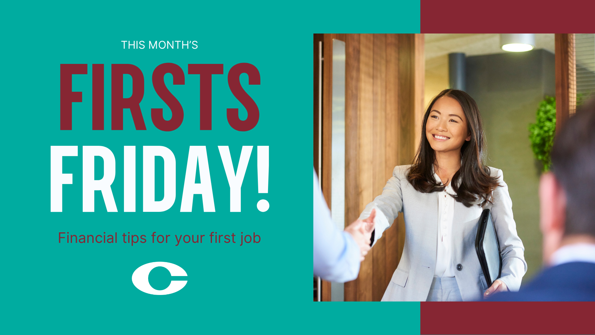 Graphic for FIRSTS FRIDAY that features a young professional woman shaking hands.