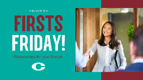 Graphic for FIRSTS FRIDAY that features a young professional woman shaking hands.
