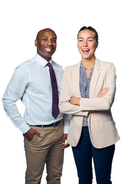 Two happy coworkers standing side by side.