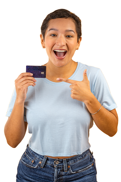 Happy woman pointing at credit card