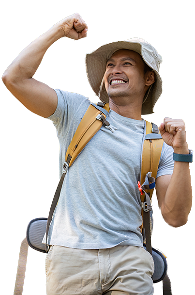 Guy in hiking gear excited