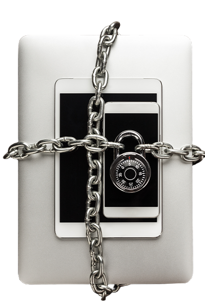 Laptop, tablet and phone with chain and lock around them