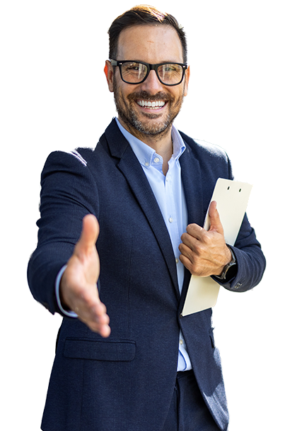 Man holding clipboard and reaching out hand