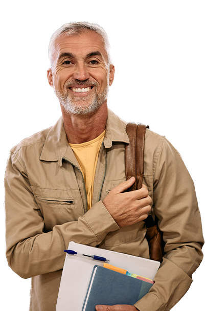 Man standing with backpack and papers