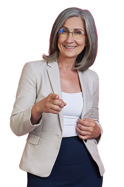 Business woman with glasses pointing