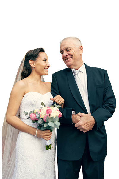 Bride and father in wedding attire