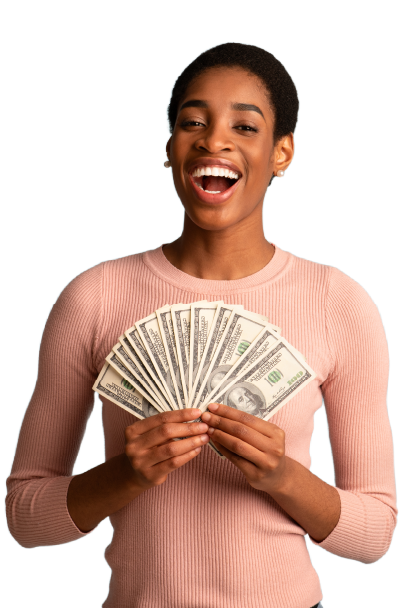 Young woman standing and holding a fan of cash in her hands