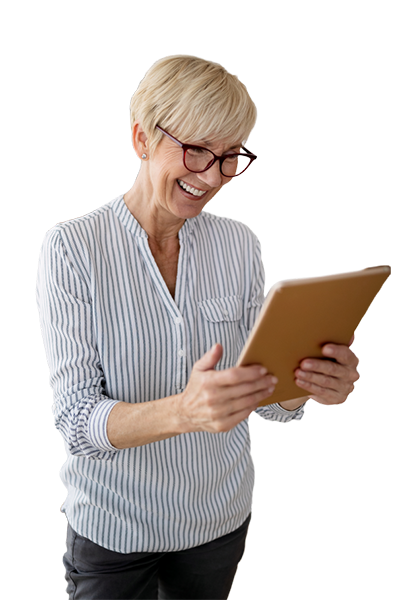 Woman with glasses holding a tablet.